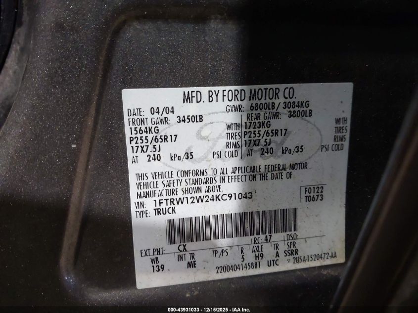 2004 Ford F-150 Xlt VIN: 1FTRW12W24KC91043 Lot: 43931033