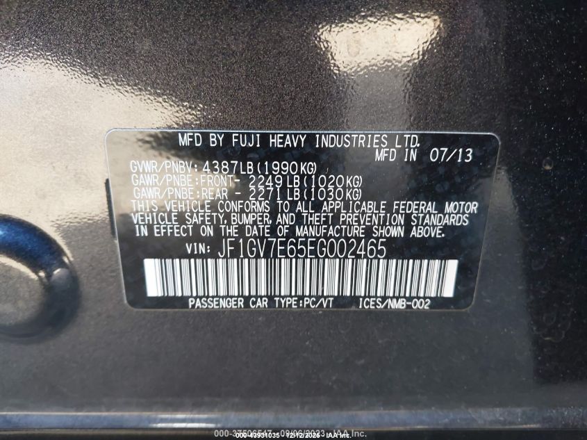 2014 Subaru Impreza Wrx VIN: JF1GV7E65EG002465 Lot: 43931035