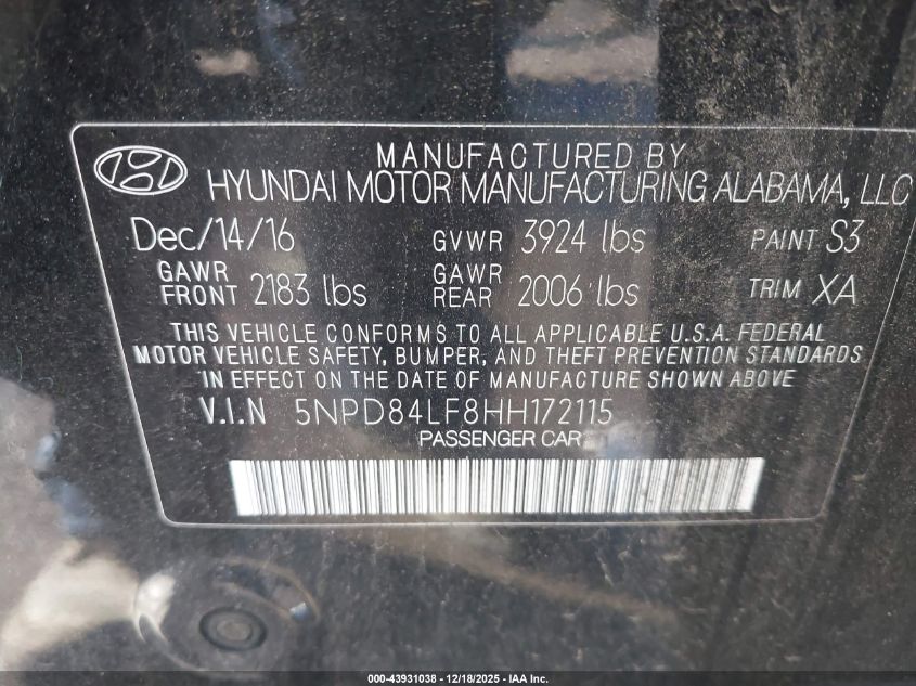 2017 Hyundai Elantra Value Edition VIN: 5NPD84LF8HH172115 Lot: 43931038