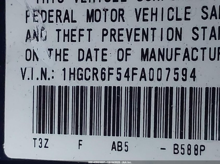 2015 Honda Accord Hybrid Ex-L VIN: 1HGCR6F54FA007594 Lot: 43931037