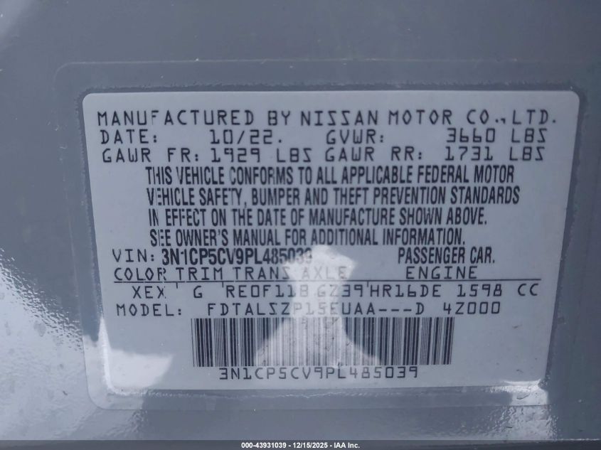 2023 Nissan Kicks Sv Xtronic Cvt VIN: 3N1CP5CV9PL485039 Lot: 43931039