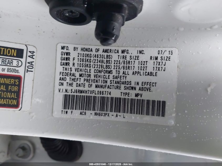 2015 Honda Cr-V Ex-L VIN: 5J6RM4H7XFL096774 Lot: 43931046