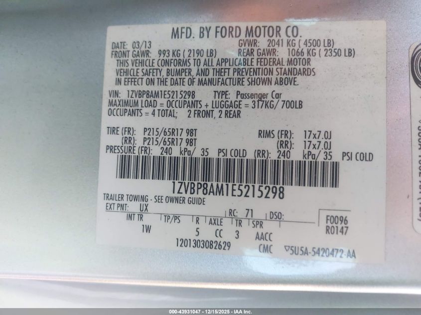 2014 Ford Mustang V6 VIN: 1ZVBP8AM1E5215298 Lot: 43931047