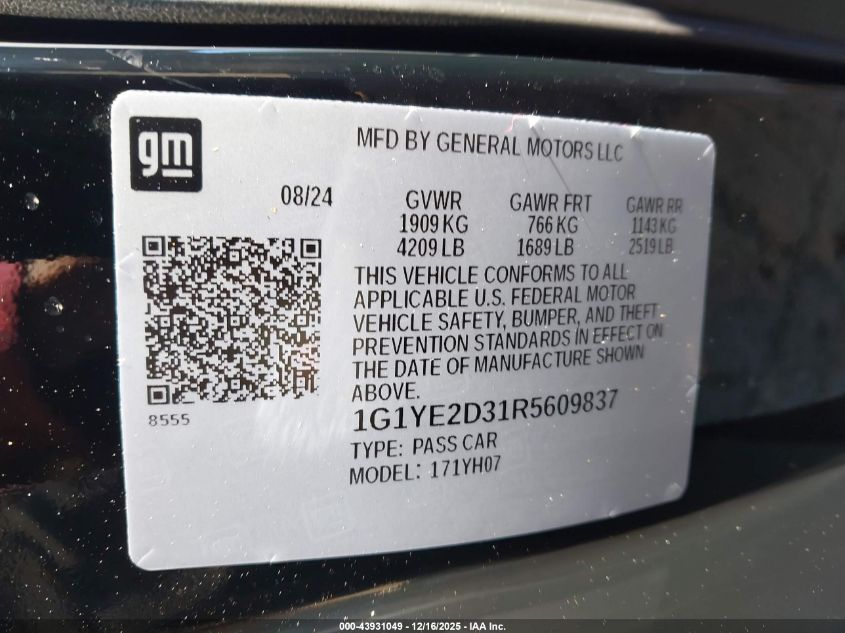 2024 Chevrolet Corvette Z06 Rwd 2Lz VIN: 1G1YE2D31R5609837 Lot: 43931049