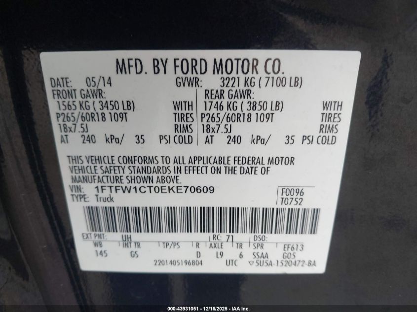 2014 Ford F-150 Xlt VIN: 1FTFW1CT0EKE70609 Lot: 43931051