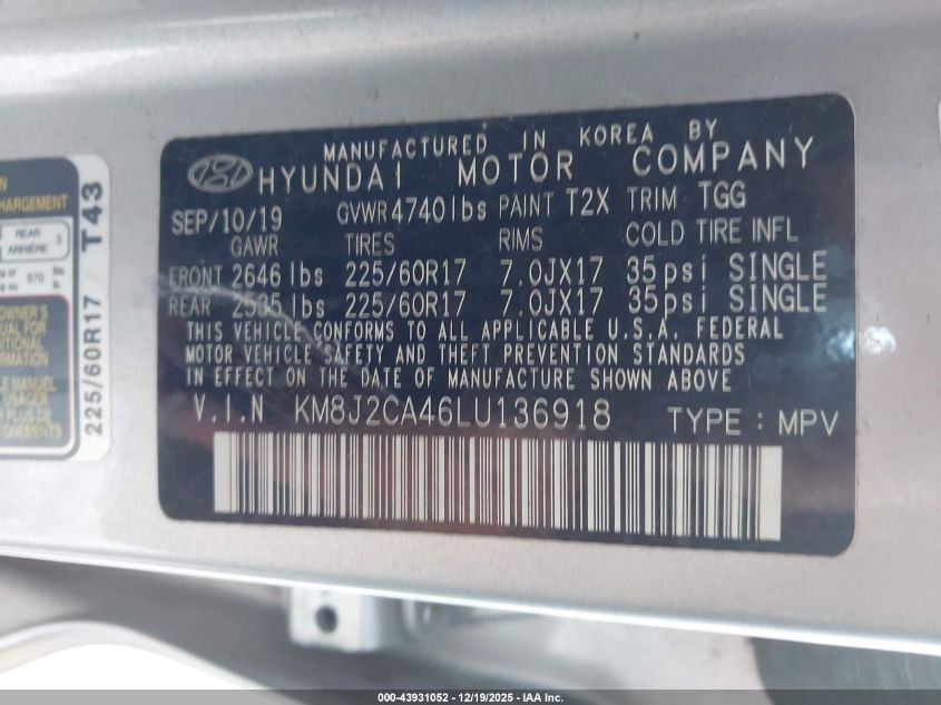 2020 Hyundai Tucson Se VIN: KM8J2CA46LU136918 Lot: 43931052