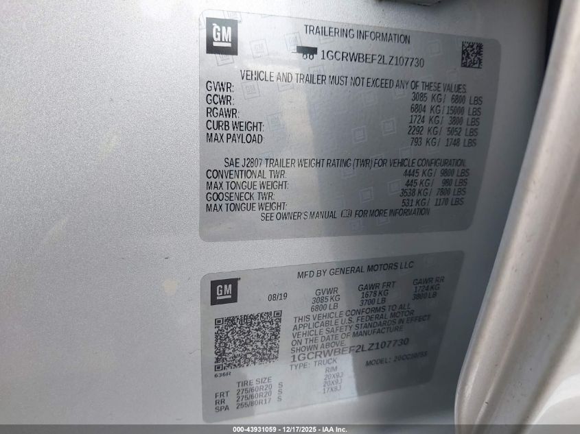 2020 Chevrolet Silverado 1500 2Wd Standard Bed Custom VIN: 1GCRWBEF2LZ107730 Lot: 43931059