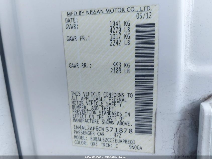 2012 Nissan Altima 2.5 S VIN: 1N4AL2AP6CN571878 Lot: 43931068