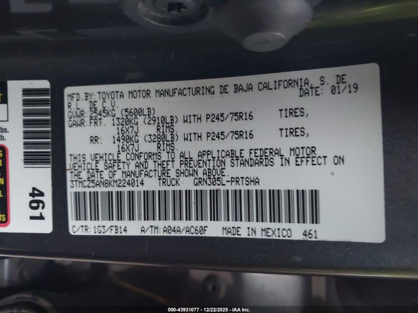 2019 Toyota Tacoma Sr V6 VIN: 3TMCZ5AN8KM224014 Lot: 43931077