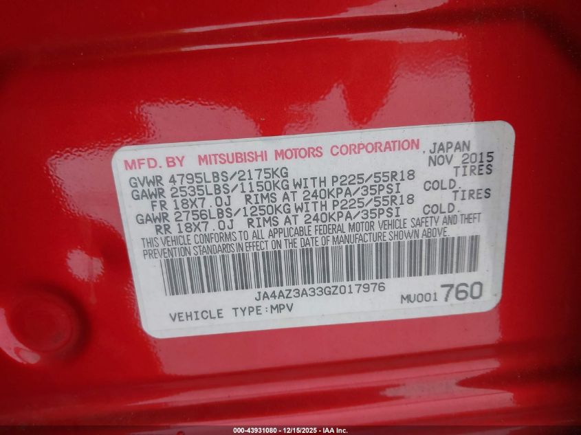 2016 Mitsubishi Outlander Sel VIN: JA4AZ3A33GZ017976 Lot: 43931080