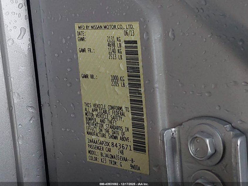 2013 Nissan Maxima 3.5 S VIN: 1N4AA5AP2DC843671 Lot: 43931082