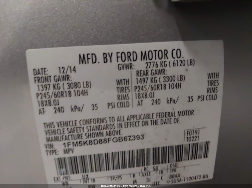 2015 Ford Explorer Xlt VIN: 1FM5K8D88FGB67393 Lot: 43931100