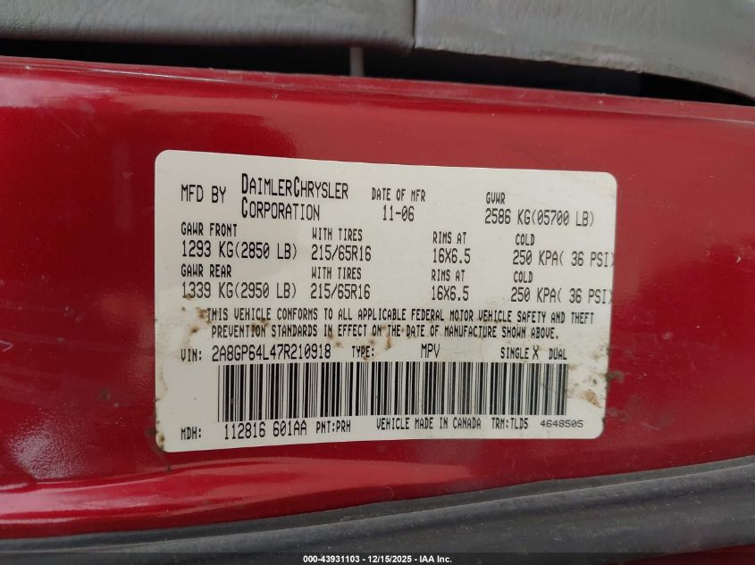 2007 Chrysler Town & Country Limited VIN: 2A8GP64L47R210918 Lot: 43931103