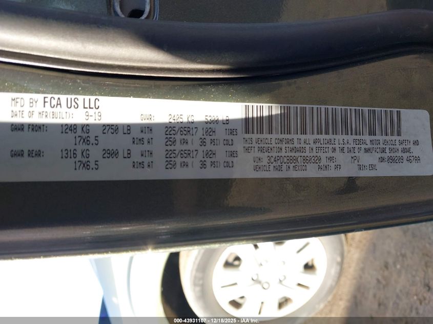 2019 Dodge Journey Se VIN: 3C4PDCBB8KT860320 Lot: 43931107