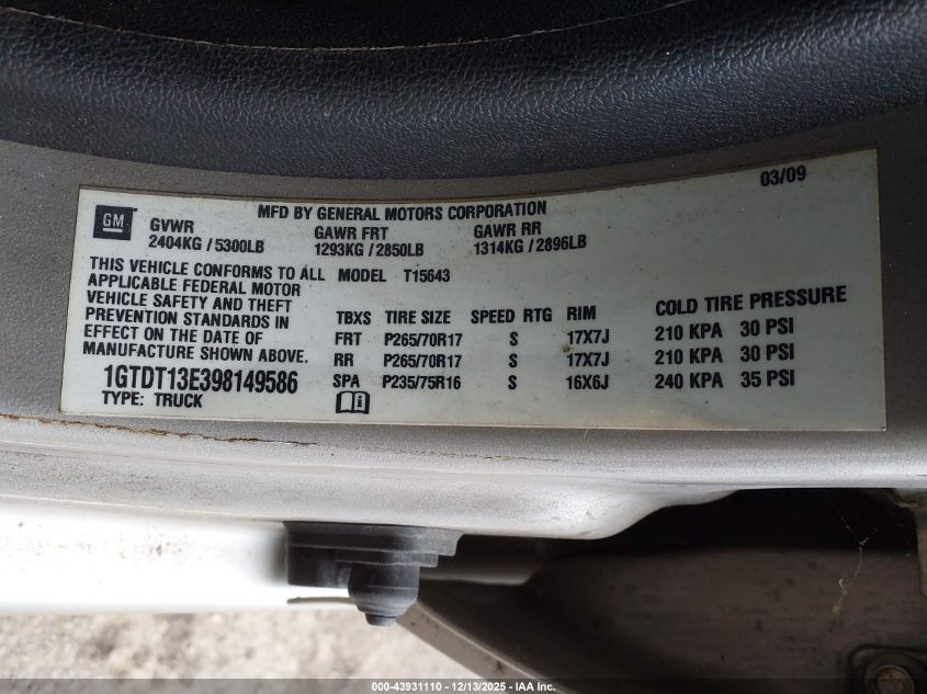 2009 GMC Canyon Sle2 VIN: 1GTDT13E398149586 Lot: 43931110