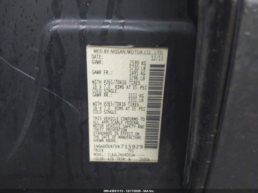 2014 Nissan Frontier Sv VIN: 1N6AD0ER7EN715929 Lot: 43931113