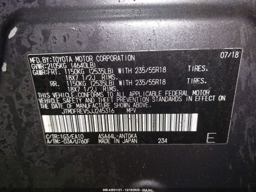 2018 Toyota Rav4 Limited VIN: JTMDFREV5JJ245316 Lot: 43931121