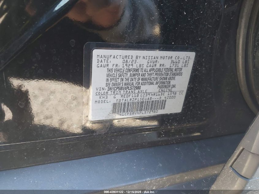 2023 Nissan Kicks S Xtronic Cvt VIN: 3N1CP5BV4PL572980 Lot: 43931122