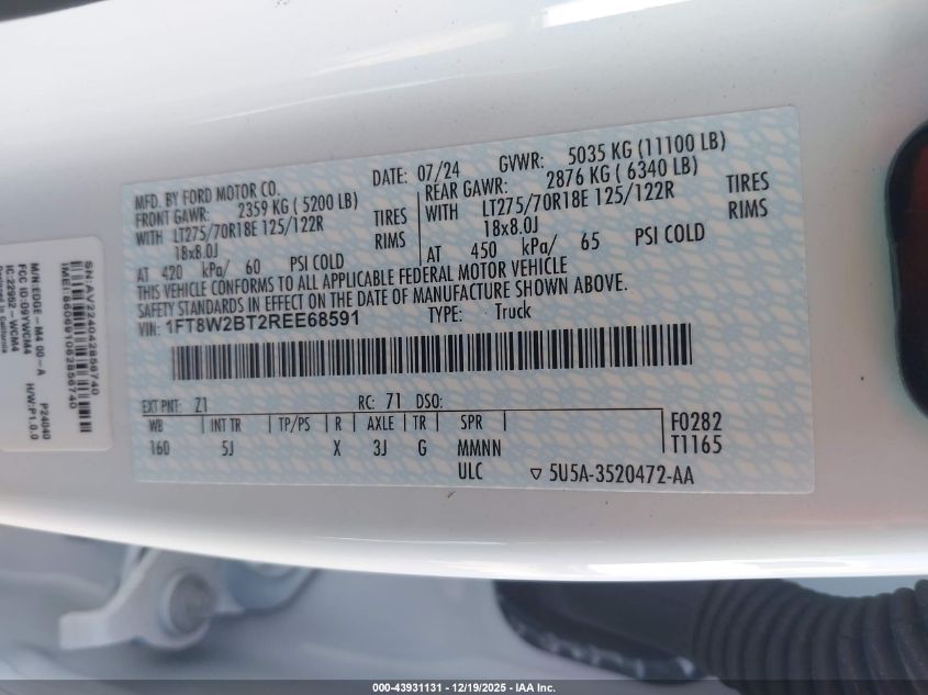 2024 Ford F-250 Lariat VIN: 1FT8W2BT2REE68591 Lot: 43931131