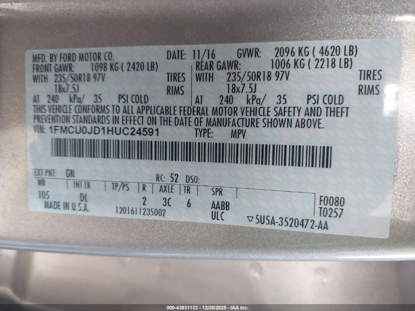 2017 Ford Escape Titanium VIN: 1FMCU0JD1HUC24591 Lot: 43931133