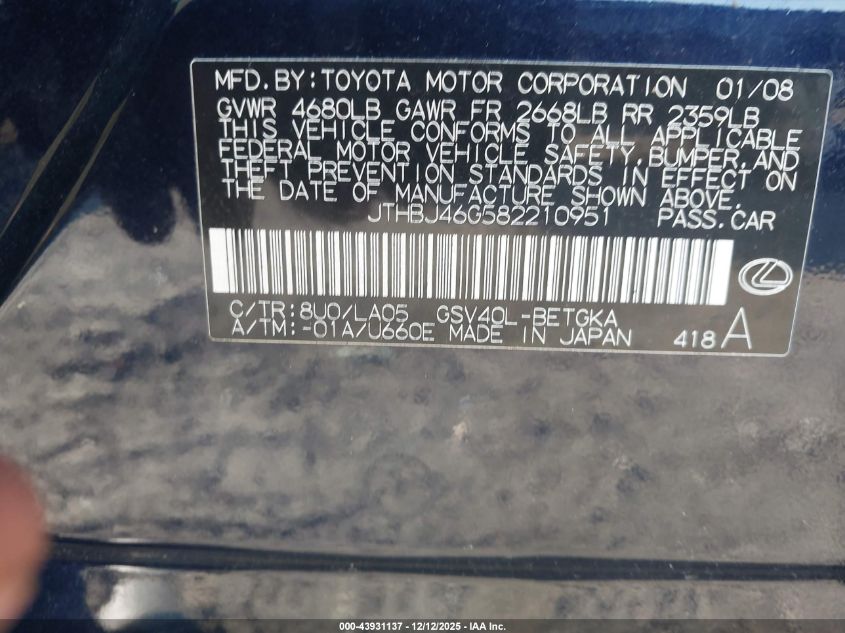 2008 Lexus Es 350 VIN: JTHBJ46G582210951 Lot: 43931137