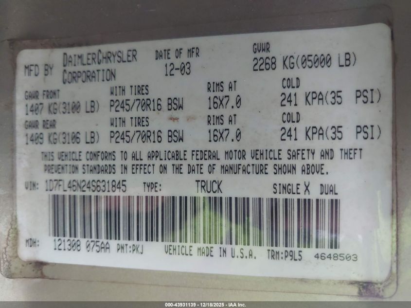 2004 Dodge Dakota Slt VIN: 1D7FL46N24S631845 Lot: 43931139