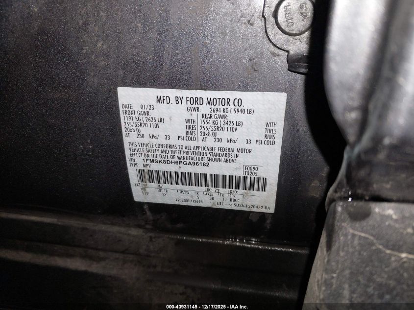 2023 Ford Explorer Xlt VIN: 1FMSK8DH6PGA96182 Lot: 43931145