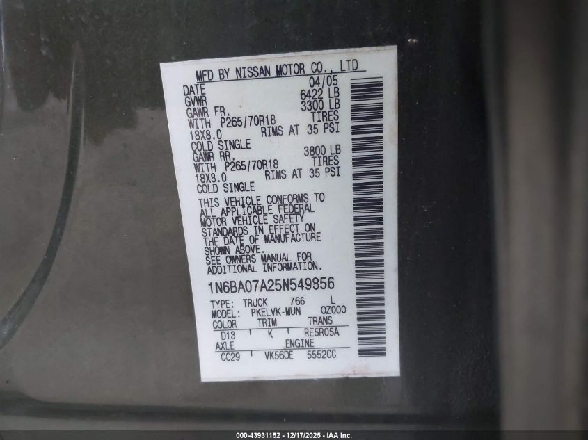 2005 Nissan Titan Le VIN: 1N6BA07A25N549856 Lot: 43931152