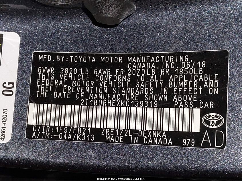 2019 Toyota Corolla Le VIN: 2T1BURHEXKC139319 Lot: 43931155