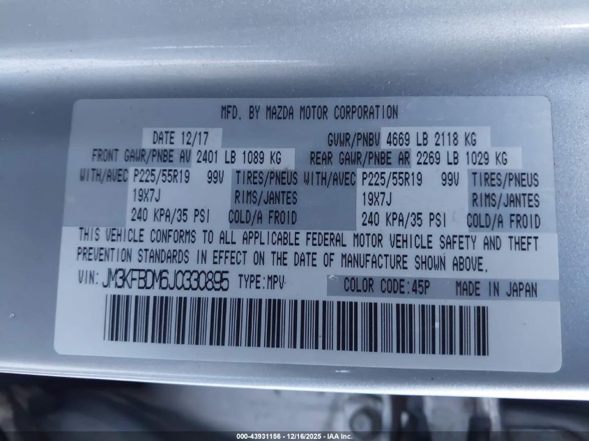 2018 Mazda Cx-5 Grand Touring VIN: JM3KFBDM6J0330895 Lot: 43931156