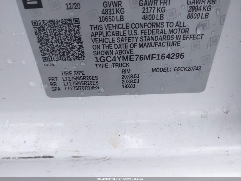 2021 Chevrolet Silverado 2500Hd 4Wd Standard Bed Custom VIN: 1GC4YME76MF164296 Lot: 43931158