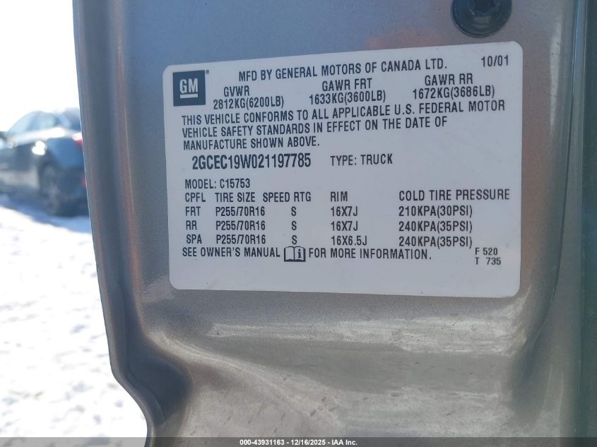 2002 Chevrolet Silverado 1500 Ls VIN: 2GCEC19W021197785 Lot: 43931163