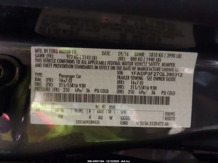 2016 Ford Focus Se VIN: 1FADP3F27GL390312 Lot: 43931164