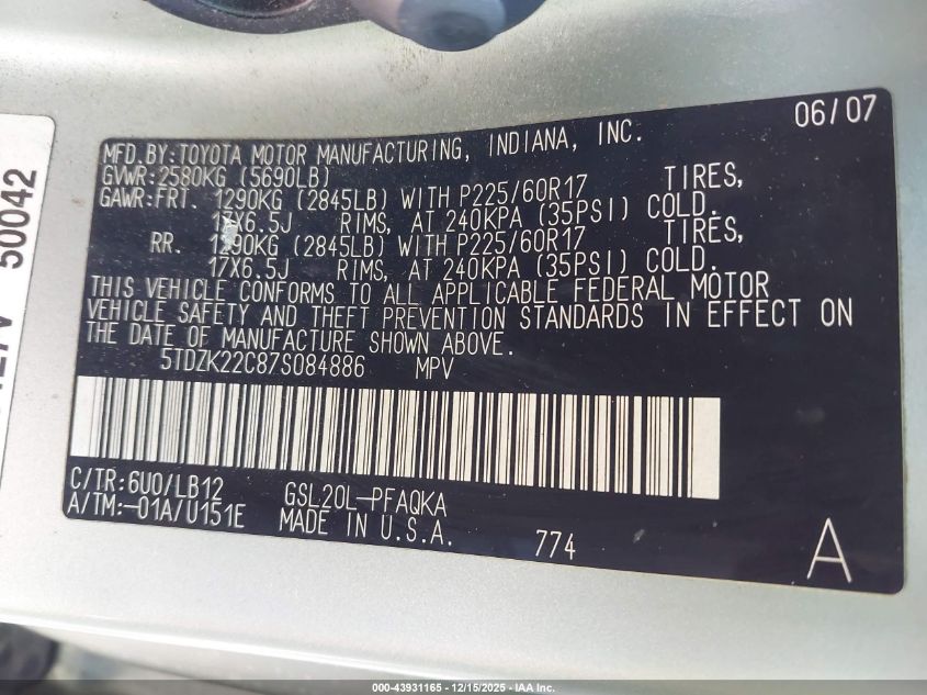 2007 Toyota Sienna Xle VIN: 5TDZK22C87S084886 Lot: 43931165