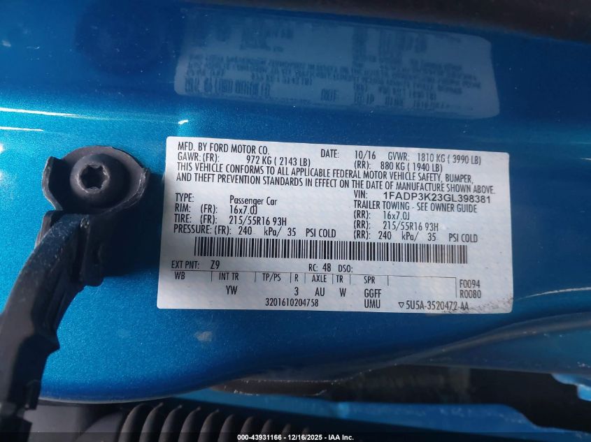 2016 Ford Focus Se VIN: 1FADP3K23GL398381 Lot: 43931166