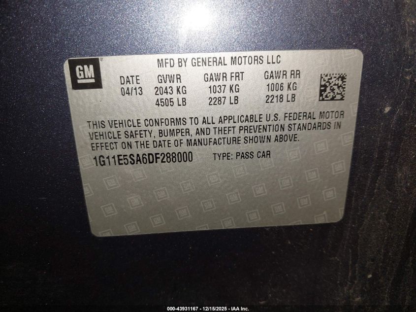 2013 Chevrolet Malibu 2Lt VIN: 1G11E5SA6DF288000 Lot: 43931167