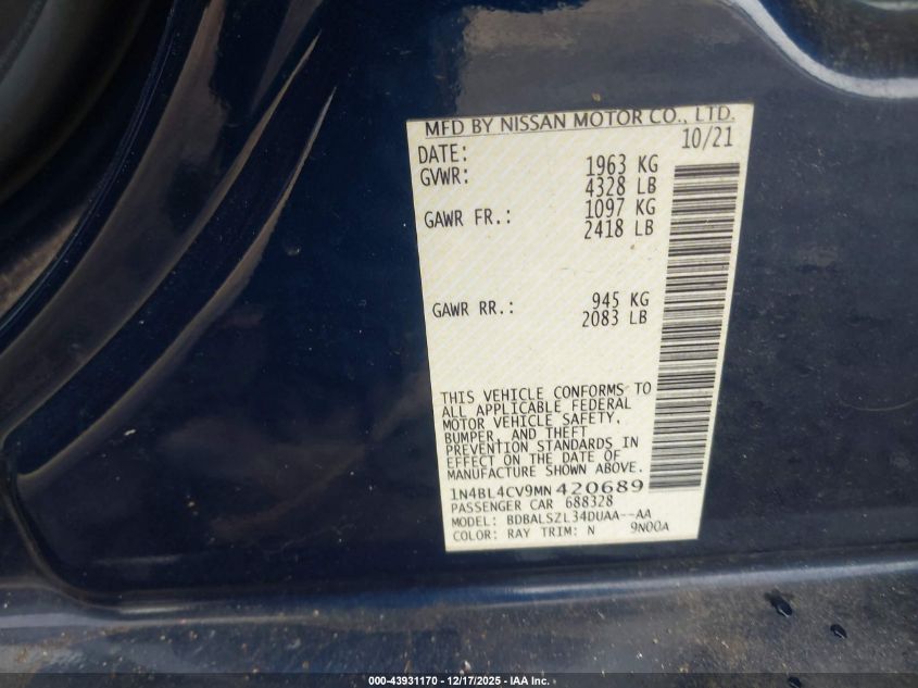 2021 Nissan Altima Sr Fwd VIN: 1N4BL4CV9MN420689 Lot: 43931170