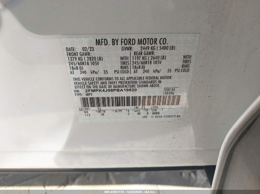 2023 Ford Edge Sel VIN: 2FMPK4J98PBA19820 Lot: 43931174