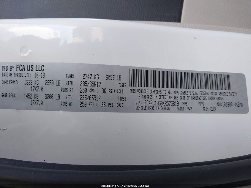 2019 Chrysler Pacifica Touring L VIN: 2C4RC1BG0KR575819 Lot: 43931177