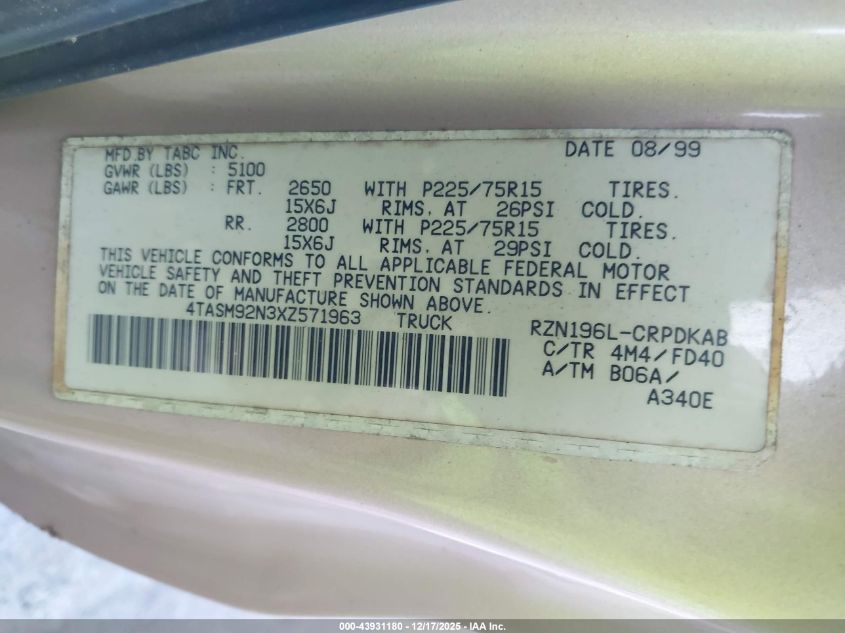 1999 Toyota Tacoma Prerunner VIN: 4TASM92N3XZ571963 Lot: 43931180