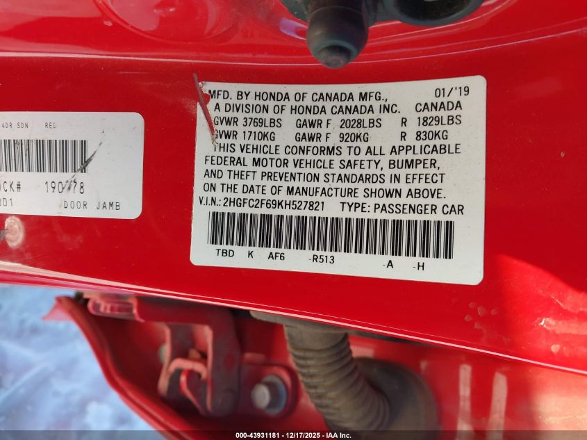 2019 Honda Civic Lx VIN: 2HGFC2F69KH527821 Lot: 43931181