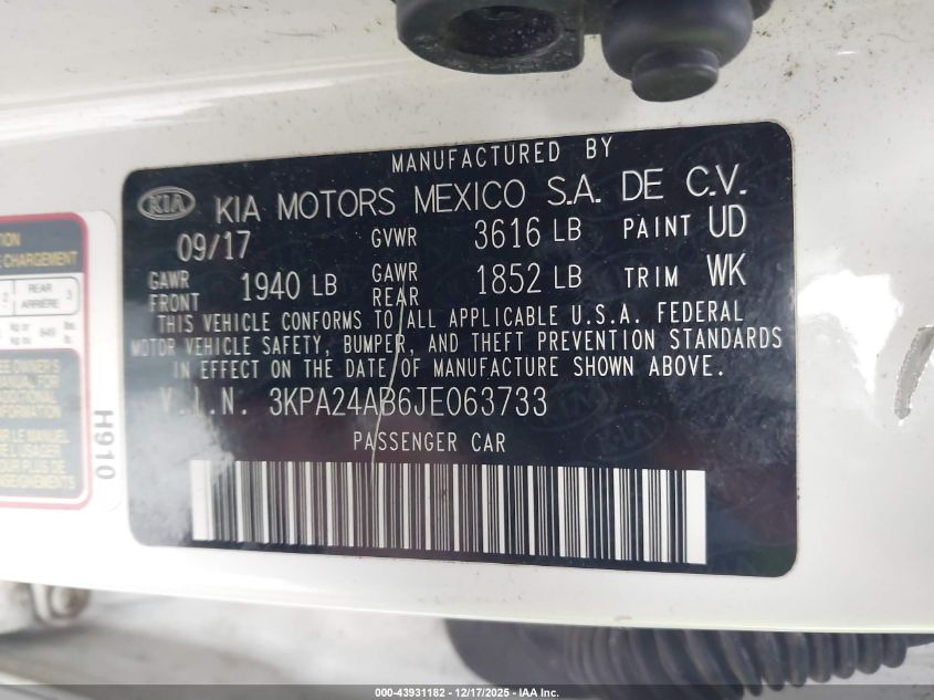 2018 Kia Rio Lx VIN: 3KPA24AB6JE063733 Lot: 43931182