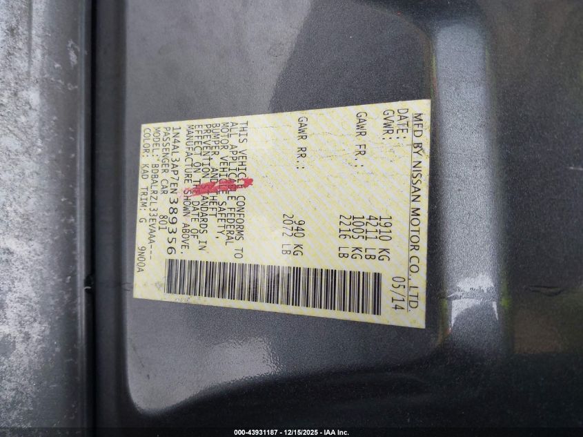 2014 Nissan Altima 2.5 S VIN: 1N4AL3AP7EN389356 Lot: 43931187