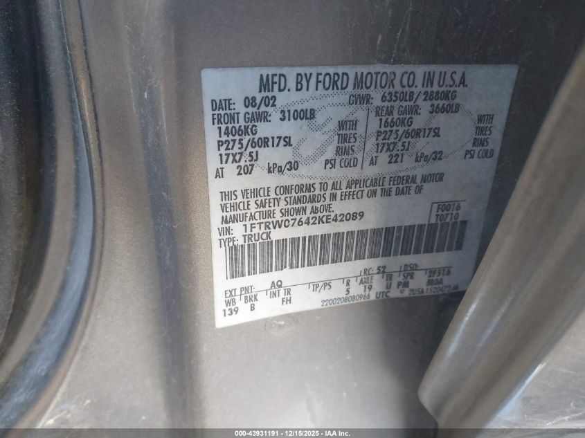 2002 Ford F-150 Lariat/Xlt VIN: 1FTRW07642KE42089 Lot: 43931191