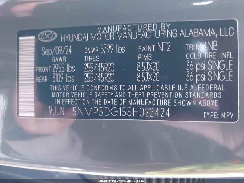 2025 Hyundai Santa Fe Hybrid Calligraphy VIN: 5NMP5DG15SH022424 Lot: 43931194
