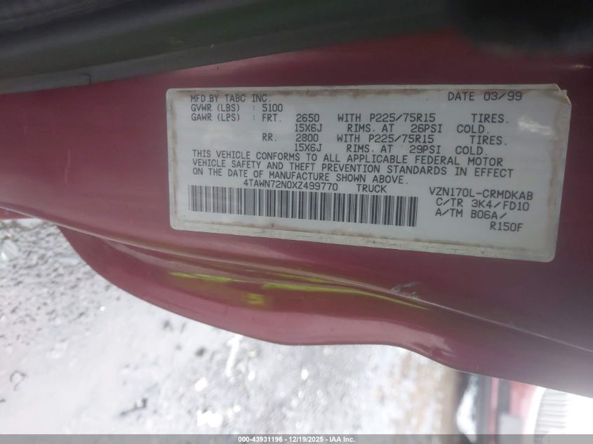 1999 Toyota Tacoma VIN: 4TAWN72N0XZ499770 Lot: 43931196