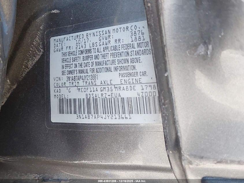 2018 Nissan Sentra Sr VIN: 3N1AB7AP4JY213661 Lot: 43931206