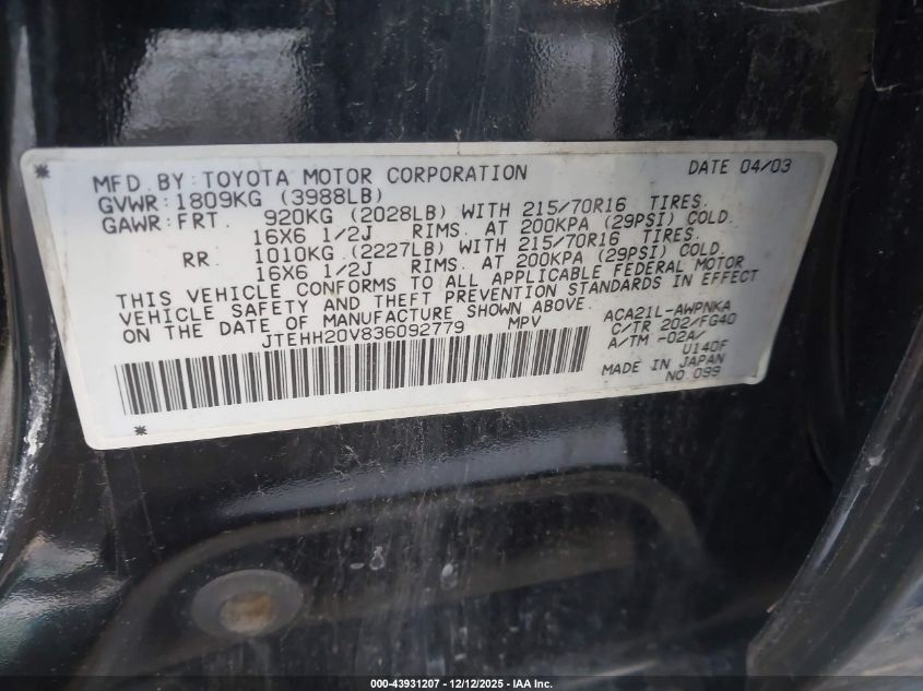 2003 Toyota Rav4 VIN: JTEHH20V836092779 Lot: 43931207