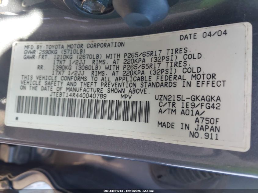 2004 Toyota 4Runner Sr5 V8 VIN: JTEBT14R440040789 Lot: 43931213