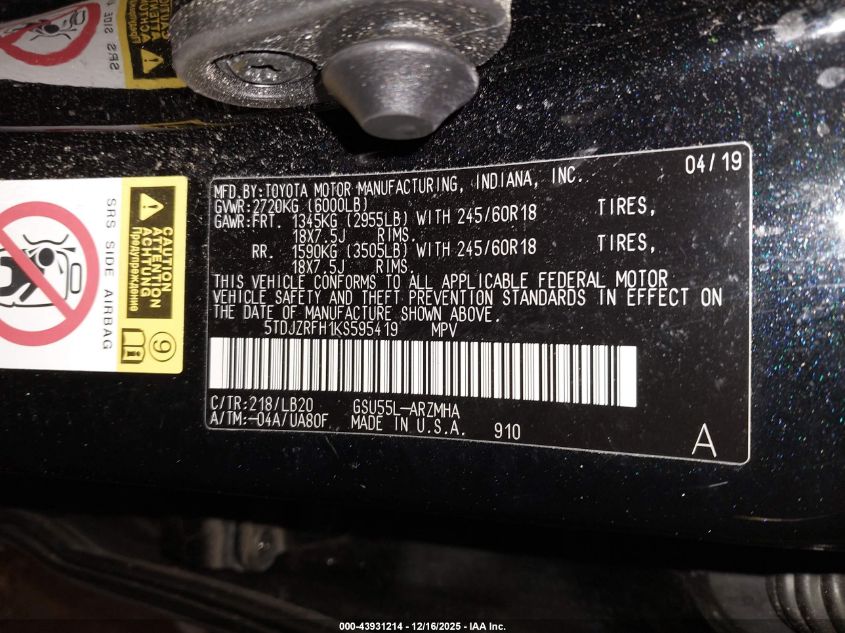 2019 Toyota Highlander Xle VIN: 5TDJZRFH1KS595419 Lot: 43931214